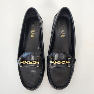 Lauren Ralph Lauren Women's Black Leather Loafers W Gold Chain Detail, Size 6.5